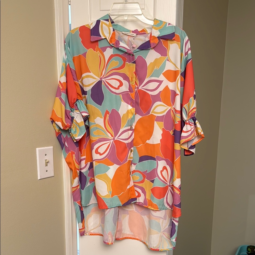 Orange and Pink Oversized 3/4 Sleeve Polo Blouse